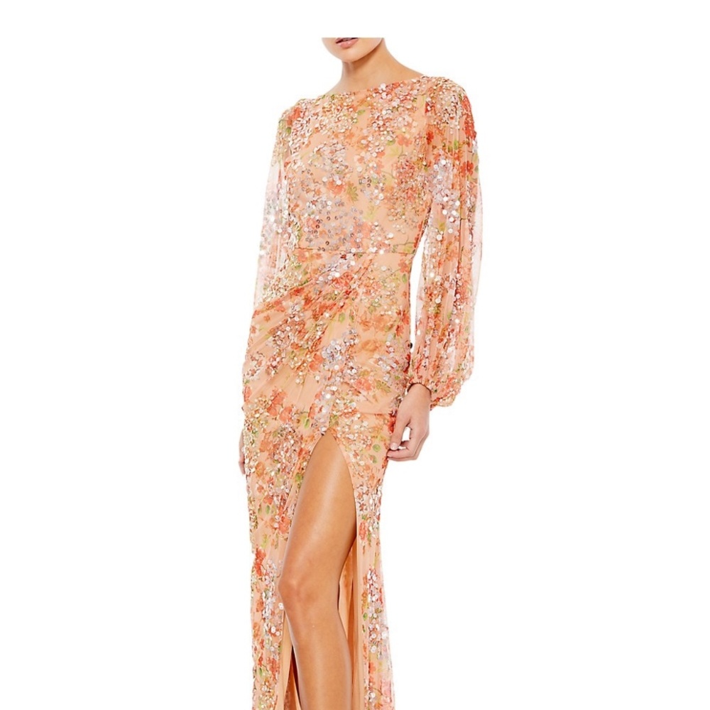 Mac Duggal Bishop Sleeve Column Dress Apricot